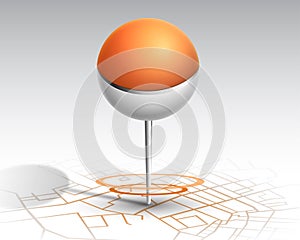 GPS.orange color pin dropping at location on map photo