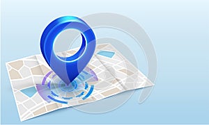 Gps pin blue color drop in paper map photo