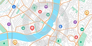 GPS point map. Navigation signs on city scheme. Urban plan with parks and streets. Navigational application. Vector