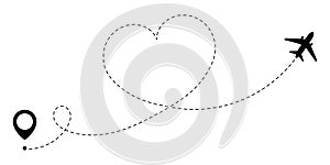 GPS route of love travel plane. A love journey that is tracked by the dotted line of the heart route. Romantic travel symbol for