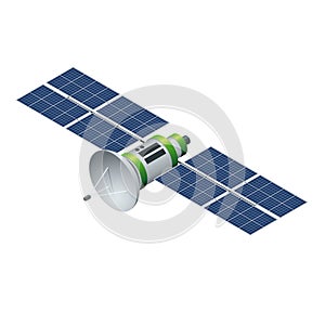 GPS satellite. Orbiting satellite isolated on white. Flat 3d vector isometric illustration.