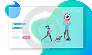 GPS Tracking for Escaped and Lost Pets Landing Page Template. Woman Catch Dog and Cat Running Fast