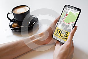 GPS tracking map on smartphone screen.  Global positioning system, navigation concept.