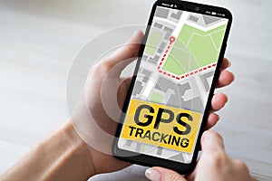 GPS tracking map on smartphone screen. Global positioning system, navigation concept.