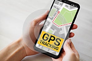 GPS tracking map on smartphone screen. Global positioning system, navigation concept.