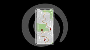 GPS tracking. Motion navigator. Navigation chart movement on smartphone. Move red marker on map. Looped animation.
