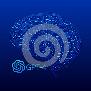 GPT 4 OpenAI with circuir board mind. ChatGPT logo