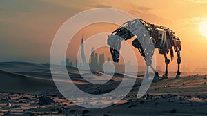 GPT Robotic horse strides through desert toward cityscape