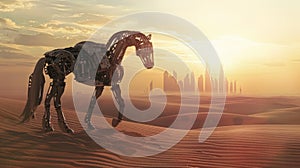 GPT Robotic horse strides through desert toward cityscape