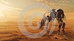 GPT Robotic horse strides through desert toward cityscape