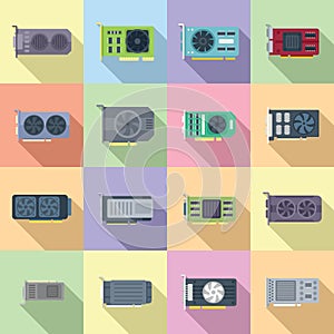 GPU graphic card icons set flat vector. Hard ware