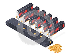 GPU mining Bitcoin concept. Isometric vector illustration