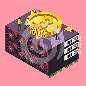 GPU mining Bitcoin concept. Isometric vector illustration photo