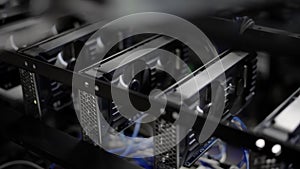 GPU Video Graphics Card mining. Industrial mining farm for bitcoin and cryptocurrency money.