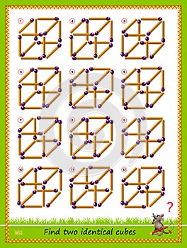 Logic puzzle game for children and adults. Find two identical cubes from matches. Printable page for kids brain teaser book. photo