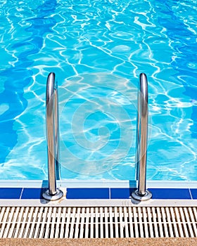 Grab bars ladder in the blue swimming pool