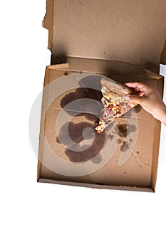 Grabbing the last slice of pizza out of the box. Top view