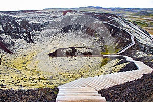 Grabrok Volcanic Crater Inactive Volcano with Green Moss in Iceland