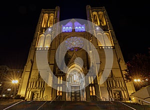 Grace Cathedral FaÃÂ§ade at Night in Nob Hill, in San Francisco photo