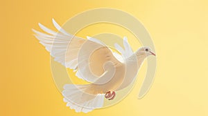 The grace of a dove in flight, wings unfurled, captured against a stark yellow background conveying freedom