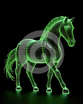 grace and power of a horse, depicted through a wireframe style, set against a colorful and radiant glow