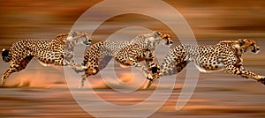 Graceful agile cheetahs racing across the savannah at the edge of the dense jungle