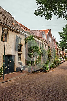 Graceful alleyway with brick houses, shrubs and flowered pots on a cloudy day at Gouda.