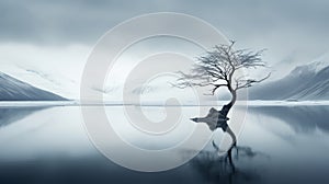 Graceful Balance: Haunting Images Of A Lone Tree On An Icy Lake