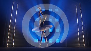 Graceful ballerina dancing elements of classical ballet choreography in white tutu and pointe shoes. Silhouette of young