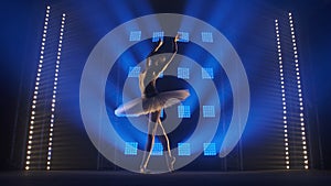 Graceful ballerina dancing elements of classical ballet choreography in white tutu and pointe shoes. Silhouette of young