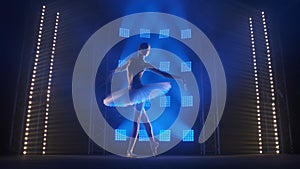 Graceful ballerina dancing elements of classical ballet choreography in white tutu and pointe shoes. Silhouette of young