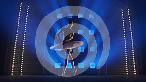 Graceful ballerina dancing elements of classical ballet choreography in white tutu and pointe shoes. Silhouette of young