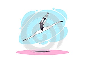 Graceful ballerina woman in outline minimalist style. Ballet dancer performs jump and soars with twine in the air