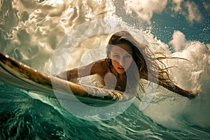 Graceful Beach Babe Surfs With Style While Diving Under Waves With Surfboard