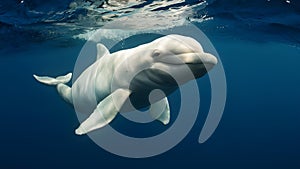 Graceful Beluga Whale Swimming Alongside White Dolphin. Concept Underwater Photography, Marine