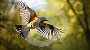 Graceful Black And Orange Oriole Soaring Through Forest