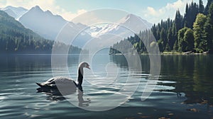 Graceful black swan adorns serene landscape on tranquil lake in a peaceful setting