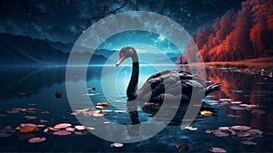 A graceful black swan glides gracefully across a serene lake in a mountain forest at night.