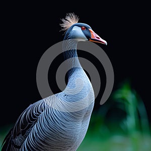 Graceful blue goose stands proudly with stunning plumage on display
