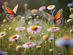 Graceful Butterflies Amidst Blooming Wildflowers: A Serene Natural Landscape. Generative AI