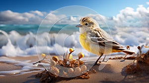 Graceful Canary On Sandy Beach: Soft Focus Photography In High Resolution