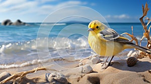 Graceful Canary On Sandy Beach: Soft Focus Photography In High Resolution