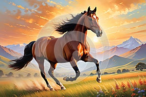 Graceful Canter: Horse Engaging in a Trot Across a Serene Meadow - Ideal for Wall Decoration in Oil Painting