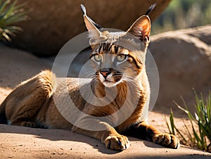 Graceful caracal navigating the desert landscape with focused gaze and tufted ears