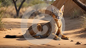 Graceful caracal navigating the desert landscape with focused gaze and tufted ears