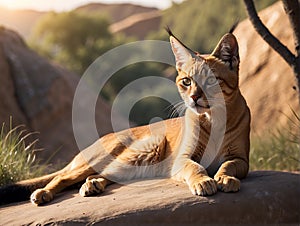 Graceful caracal navigating the desert landscape with focused gaze and tufted ears