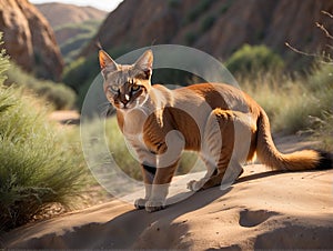 Graceful caracal navigating the desert landscape with focused gaze and tufted ears