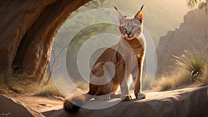 Graceful caracal navigating the desert landscape with focused gaze and tufted ears