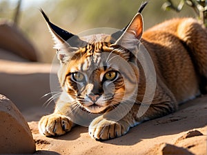 Graceful caracal navigating the desert landscape with focused gaze and tufted ears