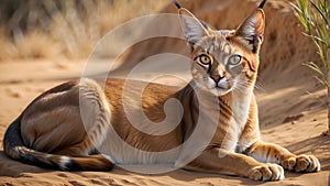 Graceful caracal navigating the desert landscape with focused gaze and tufted ears